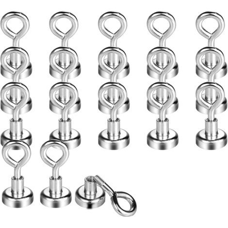 9KG(20LB) Crochet Magnetiques,18 Pièces Aimant Néodyme Puissant Diamètre 16MM,Aimant Extrêmement Puissant Néodyme Avec Base Et Oeillet, Soit Une Vis Avec Boucle Galvanisé (1/4)