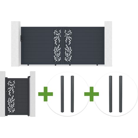 Portail coulissant 3,5m FOLYA H.160cm aluminium gris + 4 poteaux + Portillon 1m FOLYA H.160cm (1/5)