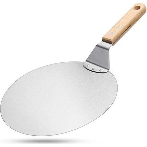 Spatule à pizza en acier inoxydable de 10 pouces, outil de cuisson, manche en bois, grande spatule ronde, transfert de gâteau multifonctionnel (1/4)