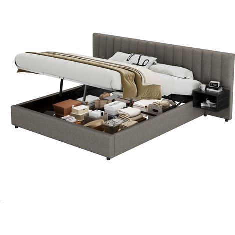 Letto Contenitore 180 x 200 cm, Matrimoniale con 2 Comodini e Sollevamento Idraulico, senza Materasso, Grigio Nero (1/5)