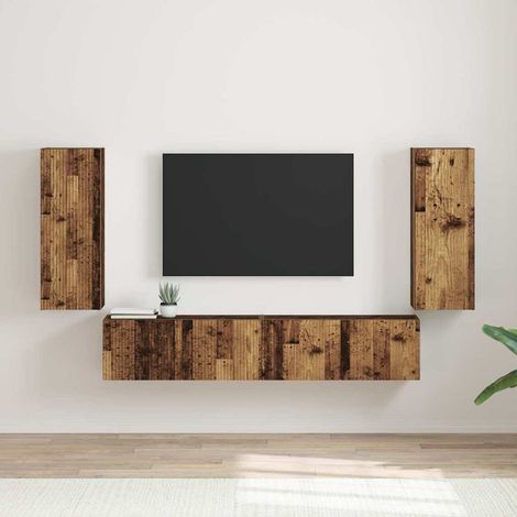 Meuble TV mural Montage mural 2 pcs-Banc TV-Meuble Télé suspendu Bois Ancien 30 x 31 x 80 cm (1/5)
