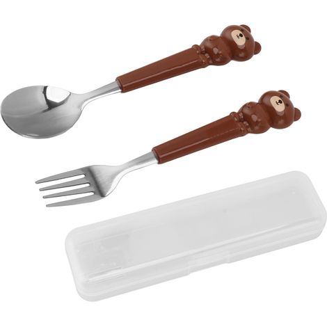 Lot 2 pièces Cuillère Fourchette Acier Inoxydable Mignon Ours Brun Couverts Enfants Courbés Set Repas (1/5)