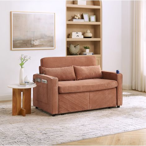 Canapé-lit 3 en 1 orange en bois et tissu avec ports USB et conversion coulissante (1/5)