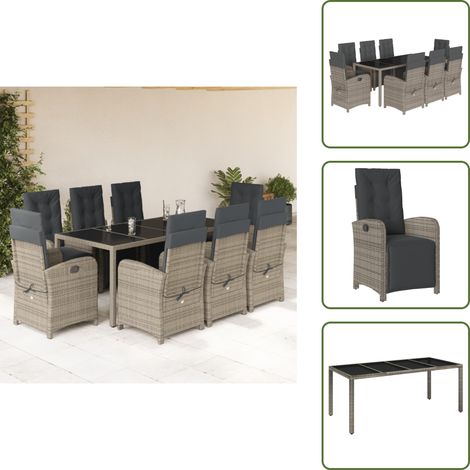 Chaise en résine - vidaXL Ensemble à manger de jardin 9 pcs coussins gris résine tressée - Table en verre (1/5)