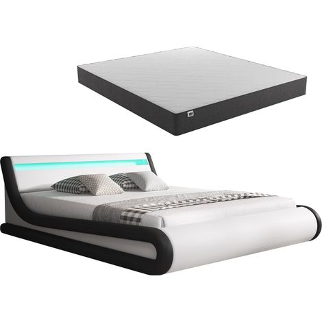 Letto Contenitore con Materasso  Letto con Testiera e Rete  Struttura Letto LED  Bianco e Nero  Llegno ed Ecopelle  Modello Parisina  150x190