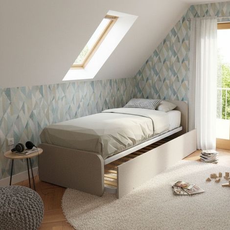 Letto singolo con letto estraibile, trasformabile in matrimoniale. Testate personalizzabili, reti in acciaio e doghe in faggio - Effetto tessuto