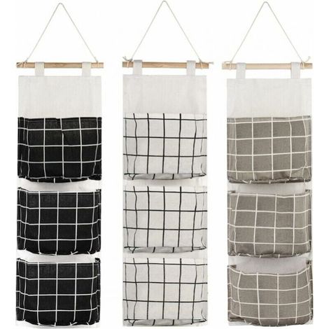 Pack Hanging Storage Bags with 3 Pockets, Fabric Wall Shelf Organizer for Bedroom, Bathroom, Kitchen, Waterproof and Stylish (Black/Gray/White) (1/4)