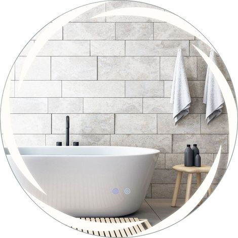 Espejo de baño redondo LED de 80 cm, cristal templado, antivaho.