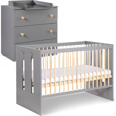 Monmobilierdesign – Ensemble commode à langer et lit bébé 120x60 cm – Bois de pin et MDF – Lit évolutif avec sommier à lattes – Commode avec 3 tiroirs (1/5)