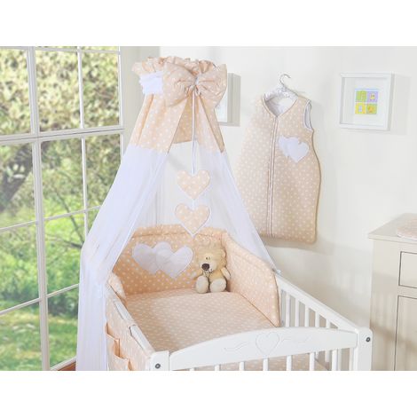 Juego de cama de 5 piezas de 120x90 cm con dosel - Corazones colgantes, lunares blancos sobre fondo beige. (1/5)