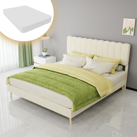 Lit rembourré moderne et minimaliste avec tête de lit capitonnée, 160 x 200 cm, couleur beige, meuble de chambre à coucher multifonctionnel, sommier bas sans espace de rangement, matelas inclus (160 x (1/5)