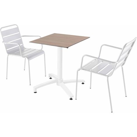 Ensemble table de terrasse stratifié chêne clair et 2 fauteuils blanc (1/5)