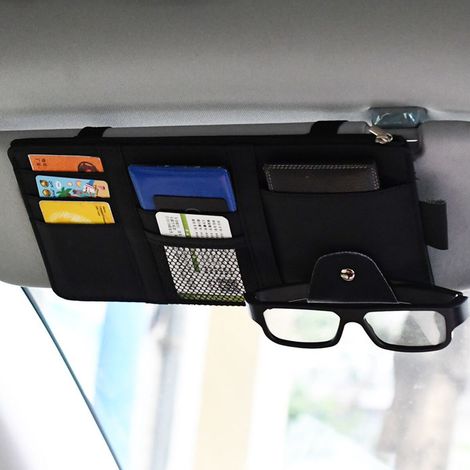 1 pièce Rangement lunettes voiture cuir PU, organisateur pare-soleil multifonction, poche de rangement noir pour conducteurs