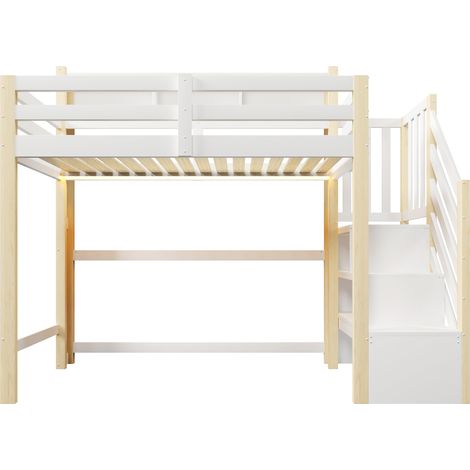 Cama alta infantil 90x200 cm con LED, almacenaje, escalera-estante, blanco y natural (1/5)