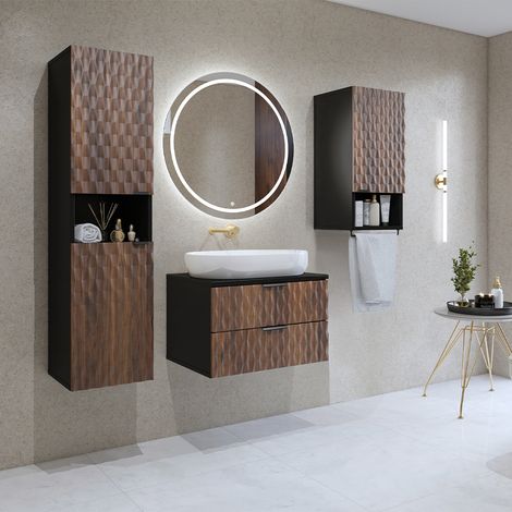 Conjunto mueble bajo lavabo 60 cm columna y armario Nevia Madera y Negro