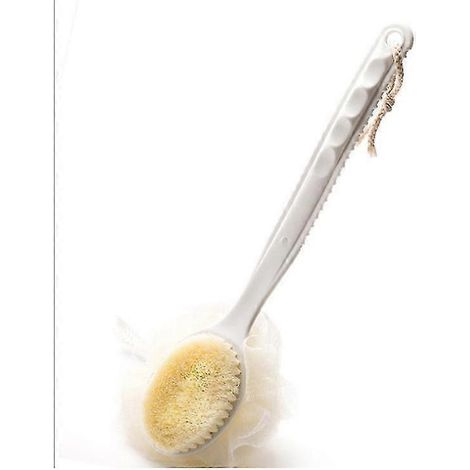 Brosse de bain 2 en 1 avec éponge douce en luffa pour le corps et le dos, brosse de douche à long manche pour sécher la peau, éponge en luffa à pompon (1 pièce, blanche) (1/5)