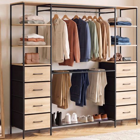 Armario doble XXL UTAH de 180 cm con percha para pantalones, estantes, cestas de tela y zapatero de madera y negro (1/5)