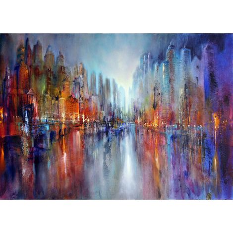 Tableau connu multicolore ville au bord de l'eau | Tableau salon moderne bleu violet et orange | Tableau sur toile idéal couloir 0,7 x 0,5 m (1/2)