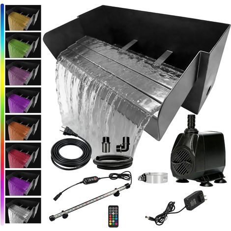 Cascade pour Bassin De Jardin, Ensemble Cascade en Acier Inoxydable De 30 Cm avec éClairage LED Fontaine De Bassin De Jardin 45 W 3000 L/H pour Bassin Patio Terrasse Bassin ExtéRieu