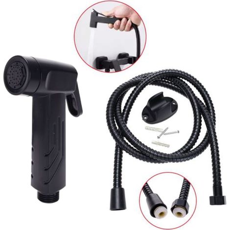 Pommeau de douche WC et lavabo avec flexible de douche, pistolet pulvérisateur à poignée carrée noir mat de 1,5 m. (1/5)