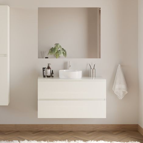 Meuble de salle de bain 100cm avec plateau et vasque à poser ronde - 2 tiroirs - blanc brillant - IDA (1/5)