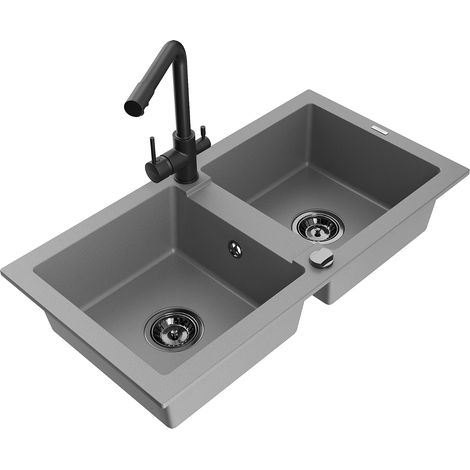 Mexen Mario évier en granit 2 bacs avec robinet de cuisine Duero, gris - 6504-71-671600-70-B (1/5)