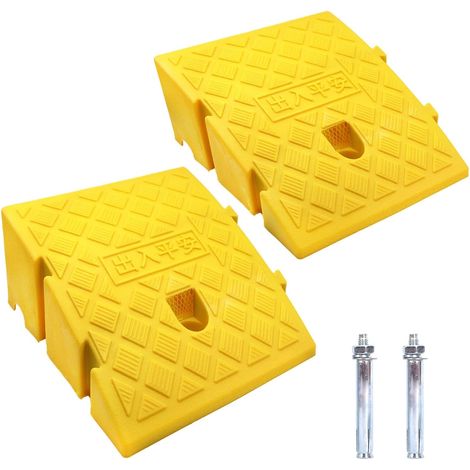 Bordsteinrampen, aus robustem Kunststoff, 2er-Pack tragbare Rampen, Rollstuhl-, Türschwellenrampe für Einfahrt, Gehweg, Motorrad, Roller, Auto, mit 2 Verlängerungsbolzen (Gelb 27 x 25 x 13 cm) (1/5)