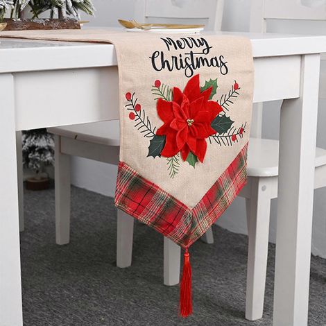 Chemin de table Joyeux Noël, nappe à fleurs rouges, ornement en lin (1/4)
