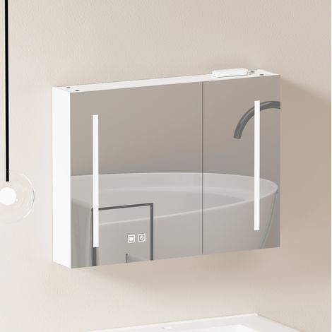 Mobile pensile specchio LED 80 cm bianco in MDF e vetro (1/5)