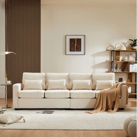 Divano 264/83/87 cm in beige in lino con 4 cuscini lombari e tasche laterali, design moderno per 4-5 persone (1/5)