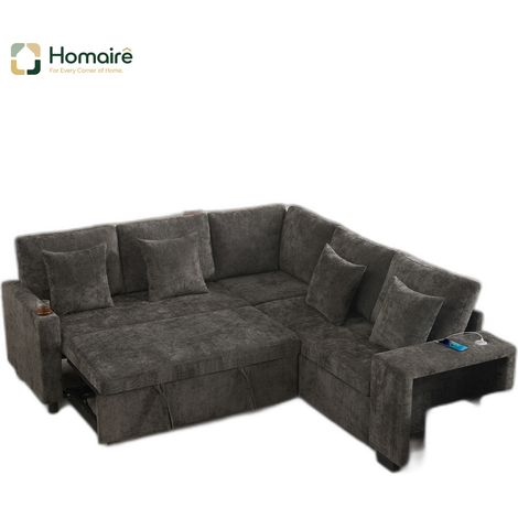 Canapé modulable en velours gris avec rangement, port USB et accoudoirs 220 x 205 x 86,5 cm HOMAIRE (1/5)