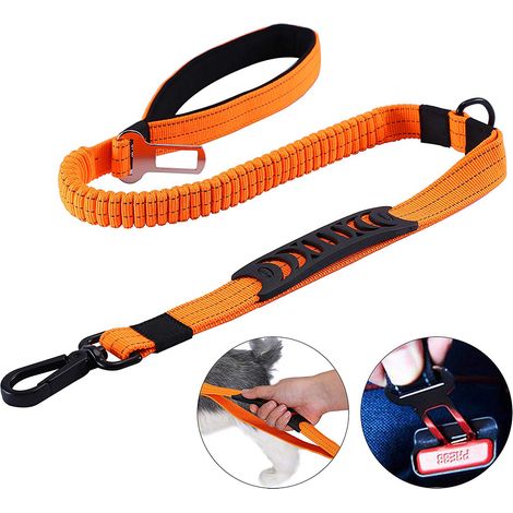 Laisse robuste pour chiens de grande taille jusqu'à 40 kg, réfléchissante, avec amortisseur de choc, boucle pour ceinture de sécurité auto et 2 poignées rembourrées pour une meilleure maîtrise. (1/5)