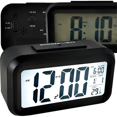Reloj despertador digital AP29 con pantalla LCD grande, termómetro, calendario de escritorio, función de repetición de alarma.