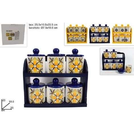TrAdE Shop Traesio - Set 6 Pz Barattoli In Ceramica Decorata Fantasia Decoro Maiolica Con Espositore -