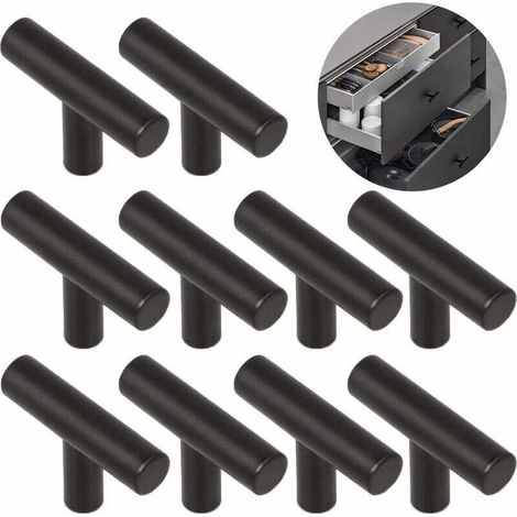 Boutons de portes 10 Pièces T Alliage Poignée Brossé Facile Poignées Porte D'armoire Meubles Monotrou Alliage Solide Durable, pour Tiroirs, Armoires, Placard, Armoires Chaussures, Tables Chevet—Noir S (1/5)