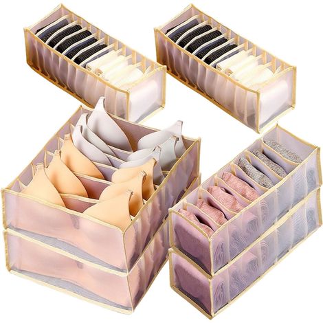 Ensemble de 5 séparateurs de tiroir pour sous-vêtements, boîtes de rangement pliables en nylon lavable avec compartiments de séparation pour soutiens-gorge (noir) (1/5)