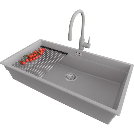 PRIMAGRAN Evier Cuisine en Granit 86x47cm, Lavabo 1 bac + Robinet 38x14cm + Kit de Vidage + Accessoire, Évier à Encastrer au meuble 90cm - Prague Slim, Gris (1/5)