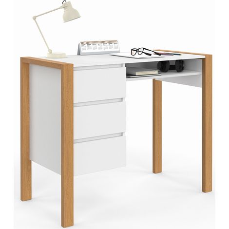 Idmarket – Bureau scandinave HUGO 90x45x75 cm – 3 tiroirs et niche – Structure en panneaux de particules blanc et bois – Design épuré