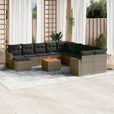 Canapé Jardin Modulaire avec Table Acacia - Set 12 Pièces en Résine Tressée Gris (1/3)