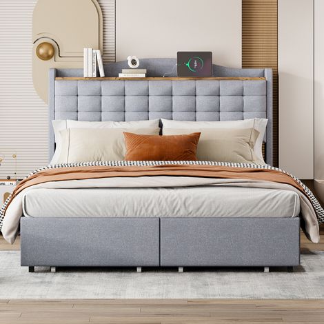 Lit rembourré 140200 cm,table de chevet avec port de recharge USB et étagère,lit double plat avec 4 tiroirs,tissu en lin gris-Mi (1/5)
