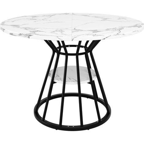 Mesa de comedor redonda de 100 cm MDF con efecto mármol y patas de metal negras (1/5)