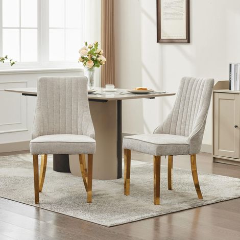 Chaises de salle à manger en chenille floquée de rayonne, style Channel, confortables et rembourrées, avec pieds en acier inoxydable doré, lot de 2 (beige) (1/5)