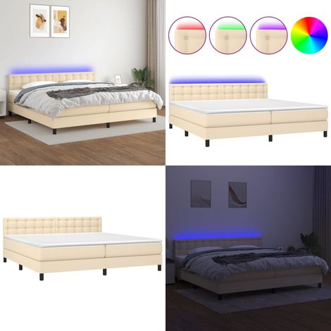 Sommier à lattes de lit et matelas et LED Crème 200x200cm Tissu - Sommier Tapissier - Lit Plateforme - Lit Avec Led - Matelas À Ressorts Ensachés - Têtière Ajustable - Home & Living (1/5)
