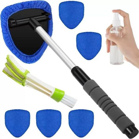 Paños de microfibra，Kit de limpieza para coche，5 paños lavables，limpieza del parabrisas con mango telescópico con agarre giratorio de 180° (Azul) (1/2)