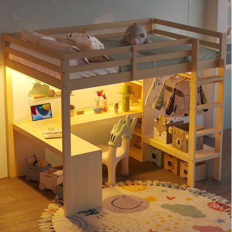 Cama alta dormitorio con escritorio LED natural OKMYHOME (1/5)