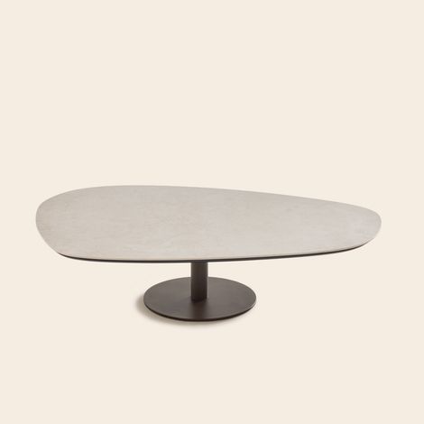 Table basse en Piètement métal bronze et plateau pierre effet travertin  ISMERIA (1/4)