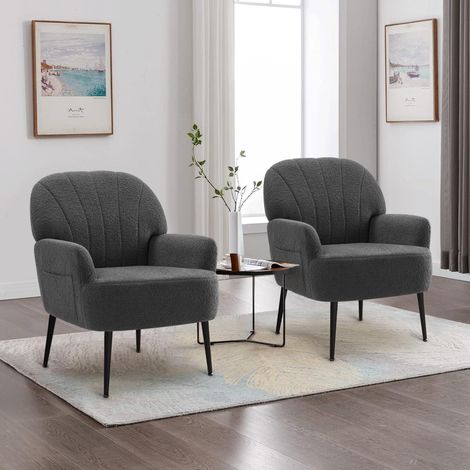 Loungesessel mit Kunstfell, Armlehnen und Seitentasche, 2er-Set, Grau (1/5)