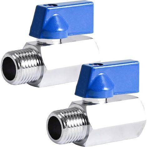 Lot de 2 mini robinets à boisseau sphérique 3/8", 3/8" AG x 3/8" IG, G3/8" en laiton, Mini robinet d'arrêt avec poignée bleue, interrupteur de robinet ballon DN10 pour eau, huile, gaz (1/5)