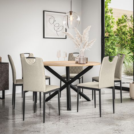 Malvern Round Dining Table And Chairs - Oak Table Top w Solid Oak Black Legs + Monza Fabric Dining Chair Set Of 6 (Beige) (1/5)
