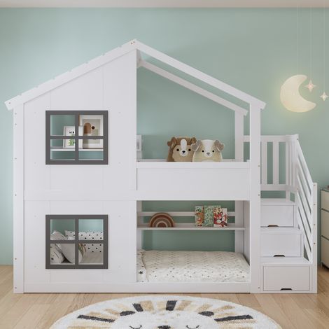 Litera infantil con bonitas ventanas y techo, base de lamas resistente, armario de almacenamiento de tres niveles, pino + MDF + contrachapado, blanco + gris, 90x200cm (1/5)